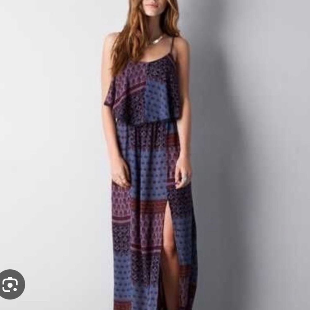 American Eagle Floral/ Paisley Patchwork Maxi Dress w/ slit and back cutout/